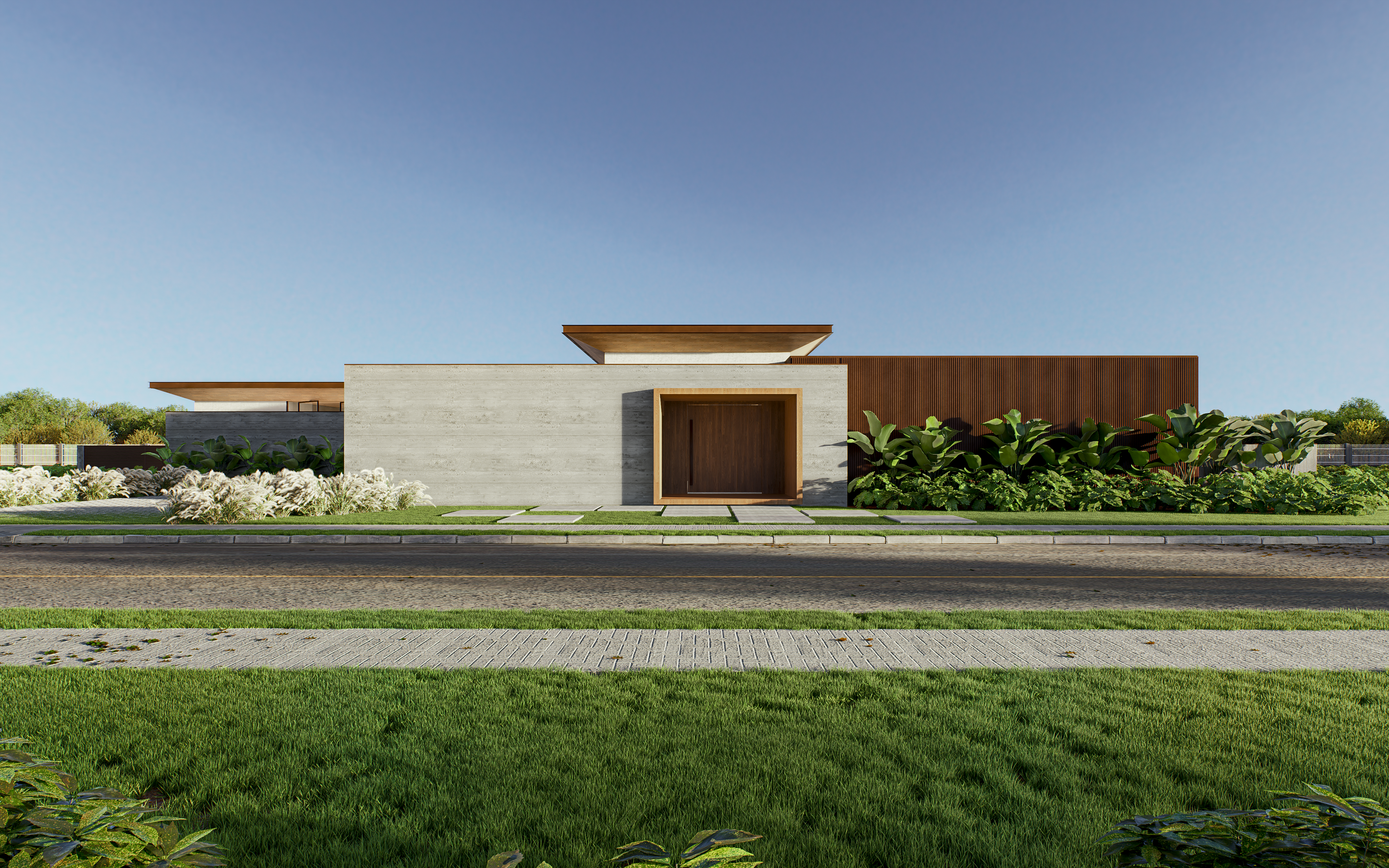 Casa Plana | Chácara Serimbura | São José dos Campos | Planu Arquitetos Projeto de arquitetura contemporânea brasileira, localizado no condomínio Chácara Serimbura, em São José dos Campos. A residência destaca-se pelas linhas horizontais marcantes e pela volumetria elegante, que valoriza a integração com o paisagismo e o entorno natural. A fachada minimalista combina concreto aparente, madeira natural e aço corten, criando uma composição de texturas e materiais que reforçam a identidade do projeto. Um dos diferenciais é a garagem oculta, que garante discrição e continuidade estética à fachada principal. O paisagismo emoldura a arquitetura com espécies tropicais e maciços verdes, suavizando as linhas retas e proporcionando acolhimento desde a entrada. A cobertura plana e as grandes aberturas horizontais priorizam a iluminação natural e a ventilação cruzada, promovendo conforto térmico e eficiência.