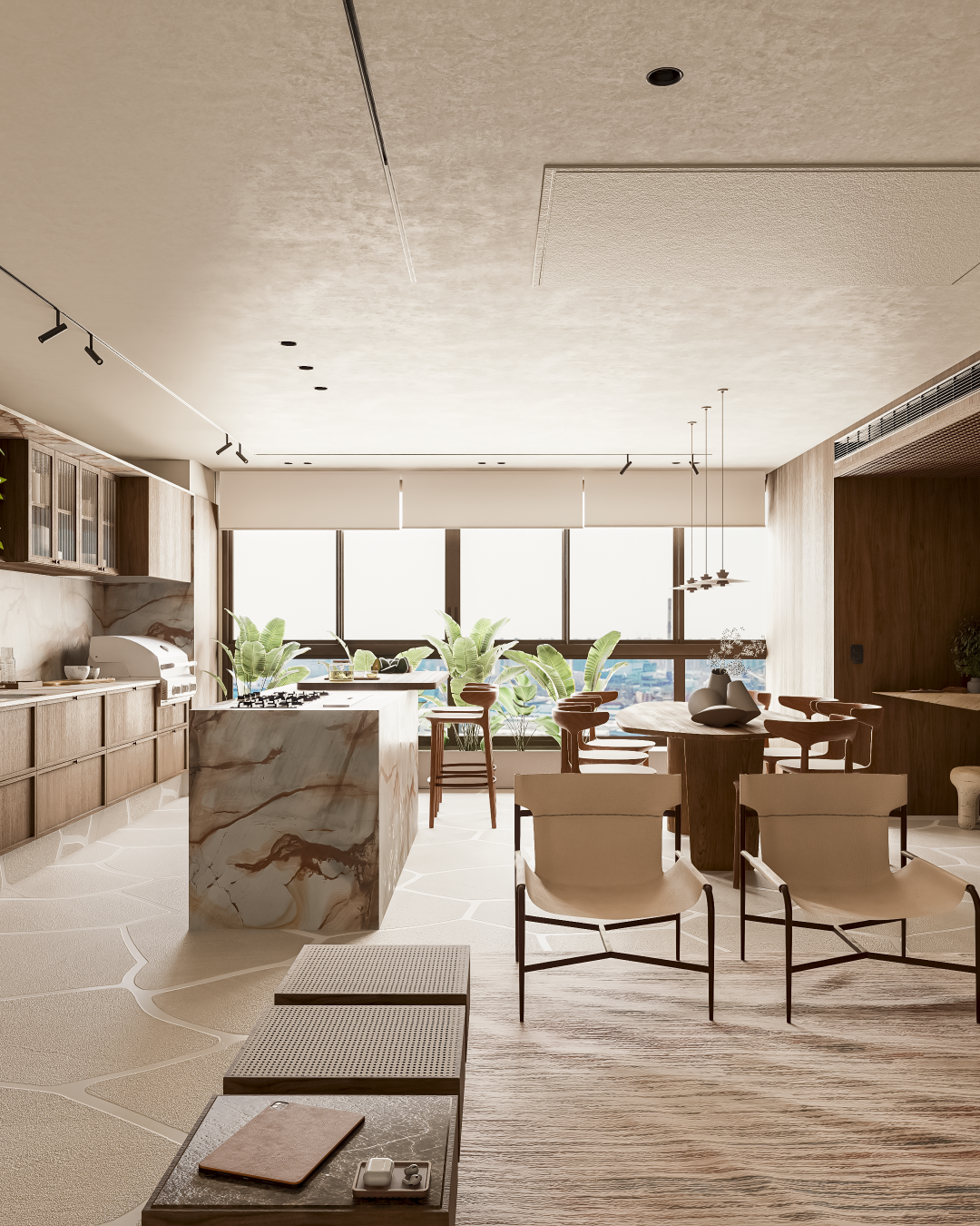 Apartamento Pedras | São José dos Campos | Planu Arquitetos

O Apartamento Pedras é um projeto de interiores com conceito integrado, que valoriza a conexão entre os ambientes e a fluidez espacial. Localizado em São José dos Campos, o apartamento apresenta uma paleta de materiais naturais, como madeira, pedra e tecidos em tons neutros, criando uma atmosfera acolhedora e sofisticada. A composição dos espaços integra cozinha, sala de jantar e estar, promovendo o convívio e a sensação de amplitude.

Os grandes panos de vidro permitem a entrada abundante de luz natural, que ressalta a textura dos materiais e o desenho do mobiliário. Destaque para o piso com paginação orgânica que remete a pedras naturais, reforçando o conceito do projeto. O mobiliário assinado e a marcenaria sob medida trazem funcionalidade e leveza, criando um ambiente contemporâneo e atemporal. 