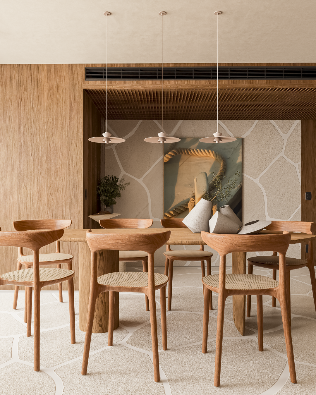 Apartamento Pedras | São José dos Campos | Planu Arquitetos

O Apartamento Pedras é um projeto de interiores com conceito integrado, que valoriza a conexão entre os ambientes e a fluidez espacial. Localizado em São José dos Campos, o apartamento apresenta uma paleta de materiais naturais, como madeira, pedra e tecidos em tons neutros, criando uma atmosfera acolhedora e sofisticada. A composição dos espaços integra cozinha, sala de jantar e estar, promovendo o convívio e a sensação de amplitude.

Os grandes panos de vidro permitem a entrada abundante de luz natural, que ressalta a textura dos materiais e o desenho do mobiliário. Destaque para o piso com paginação orgânica que remete a pedras naturais, reforçando o conceito do projeto. O mobiliário assinado e a marcenaria sob medida trazem funcionalidade e leveza, criando um ambiente contemporâneo e atemporal. 