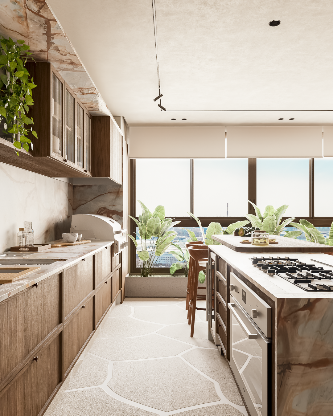 Apartamento Pedras | São José dos Campos | Planu Arquitetos

O Apartamento Pedras é um projeto de interiores com conceito integrado, que valoriza a conexão entre os ambientes e a fluidez espacial. Localizado em São José dos Campos, o apartamento apresenta uma paleta de materiais naturais, como madeira, pedra e tecidos em tons neutros, criando uma atmosfera acolhedora e sofisticada. A composição dos espaços integra cozinha, sala de jantar e estar, promovendo o convívio e a sensação de amplitude.

Os grandes panos de vidro permitem a entrada abundante de luz natural, que ressalta a textura dos materiais e o desenho do mobiliário. Destaque para o piso com paginação orgânica que remete a pedras naturais, reforçando o conceito do projeto. O mobiliário assinado e a marcenaria sob medida trazem funcionalidade e leveza, criando um ambiente contemporâneo e atemporal. 