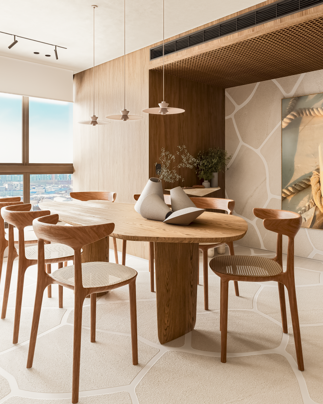 Apartamento Pedras | São José dos Campos | Planu Arquitetos

O Apartamento Pedras é um projeto de interiores com conceito integrado, que valoriza a conexão entre os ambientes e a fluidez espacial. Localizado em São José dos Campos, o apartamento apresenta uma paleta de materiais naturais, como madeira, pedra e tecidos em tons neutros, criando uma atmosfera acolhedora e sofisticada. A composição dos espaços integra cozinha, sala de jantar e estar, promovendo o convívio e a sensação de amplitude.

Os grandes panos de vidro permitem a entrada abundante de luz natural, que ressalta a textura dos materiais e o desenho do mobiliário. Destaque para o piso com paginação orgânica que remete a pedras naturais, reforçando o conceito do projeto. O mobiliário assinado e a marcenaria sob medida trazem funcionalidade e leveza, criando um ambiente contemporâneo e atemporal. 