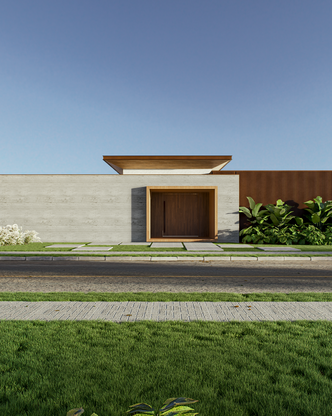 Casa Plana | Chácara Serimbura | São José dos Campos | Planu Arquitetos

Projeto de arquitetura contemporânea brasileira, localizado no condomínio Chácara Serimbura, em São José dos Campos. A residência destaca-se pelas linhas horizontais marcantes e pela volumetria elegante, que valoriza a integração com o paisagismo e o entorno natural. A fachada minimalista combina concreto aparente, madeira natural e aço corten, criando uma composição de texturas e materiais que reforçam a identidade do projeto.

Um dos diferenciais é a garagem oculta, que garante discrição e continuidade estética à fachada principal. O paisagismo emoldura a arquitetura com espécies tropicais e maciços verdes, suavizando as linhas retas e proporcionando acolhimento desde a entrada. A cobertura plana e as grandes aberturas horizontais priorizam a iluminação natural e a ventilação cruzada, promovendo conforto térmico e eficiência.