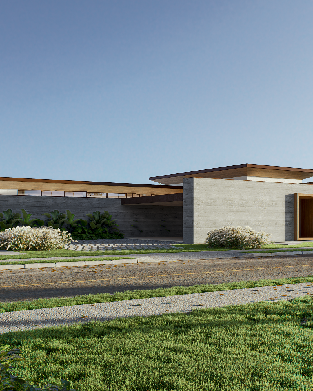 Casa Plana | Chácara Serimbura | São José dos Campos | Planu Arquitetos

Projeto de arquitetura contemporânea brasileira, localizado no condomínio Chácara Serimbura, em São José dos Campos. A residência destaca-se pelas linhas horizontais marcantes e pela volumetria elegante, que valoriza a integração com o paisagismo e o entorno natural. A fachada minimalista combina concreto aparente, madeira natural e aço corten, criando uma composição de texturas e materiais que reforçam a identidade do projeto.

Um dos diferenciais é a garagem oculta, que garante discrição e continuidade estética à fachada principal. O paisagismo emoldura a arquitetura com espécies tropicais e maciços verdes, suavizando as linhas retas e proporcionando acolhimento desde a entrada. A cobertura plana e as grandes aberturas horizontais priorizam a iluminação natural e a ventilação cruzada, promovendo conforto térmico e eficiência.